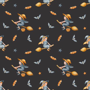 Tatlı suluboya cadı deseni. Süpürgelerde uçan cadılar bayramı baskısı ve karanlık bir arka planda yarasalar. Kumaş ve dijital kağıt için mükemmel ürkütücü doku