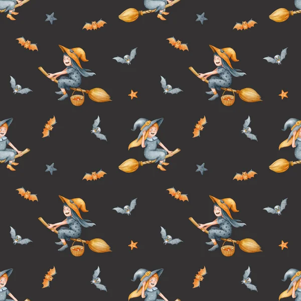 Tatlı suluboya cadı deseni. Süpürgelerde uçan cadılar bayramı baskısı ve karanlık bir arka planda yarasalar. Kumaş ve dijital kağıt için mükemmel ürkütücü doku