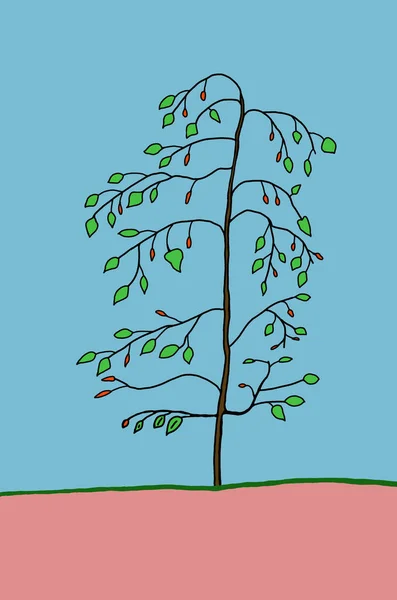 Bemalter Baum Mit Früchten Auf Blauem Hintergrund Malvorlagen Für Kinder — Stockfoto