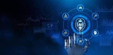 Yapay Zeka Cyborg ekranda elle düğmeye basıyor. Yenilik teknolojisi kavramı.