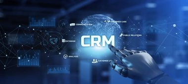 CRM Müşteri İlişkileri Yönetimi İş İşletmeleri Teknoloji Konsepti. Robot kol tuşuna bas. 3B görüntüleme.