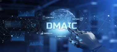 DMAIC 6 Sigma Lean Kalite Kontrol Teknoloji Konsepti. Robotik kol 3B oluşturma.