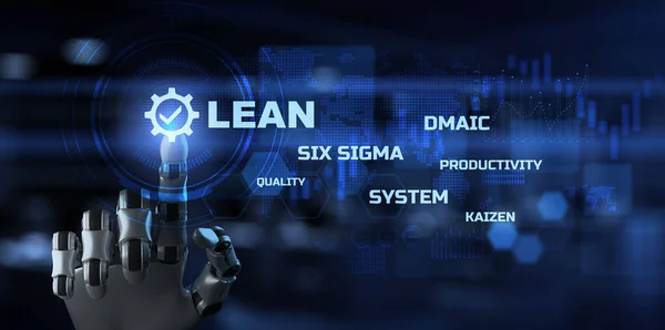 Lean manufacturing DMAIC Six Sigma Controle de qualidade Garantia Conceito de tecnologia empresarial. Braço robótico 3d render. — Fotografia de Stock