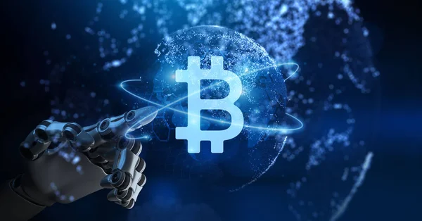 Bitcoin comercio de inversión criptomoneda. Pago electrónico con dinero digital. Robótica brazo 3d renderizado. — Foto de Stock
