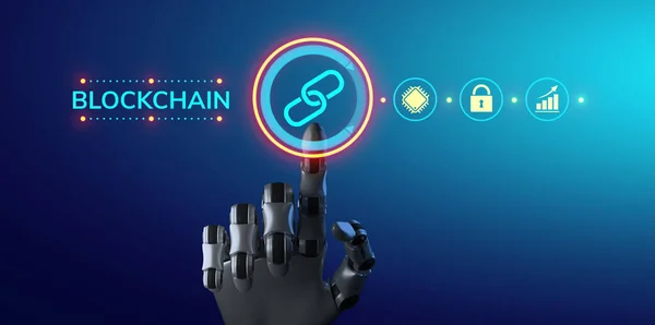 Ψηφιακό χρήμα κρυπτογράφησης τεχνολογίας Blockchain. Ρομπότ χέρι πατώντας το κουμπί. 3d απόδοση. — Φωτογραφία Αρχείου