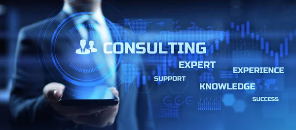 Consulting service business, finance and development concept. Businessman pressing button on virtual screen.