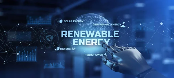 Energia renovável ir energia ecológica verde amigável. braço robótico 3d renderização. — Fotografia de Stock