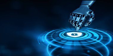 Siber güvenlik bilgi gizlilik veri koruması. Robotik el basma tuşu.