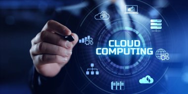 Bulut simgesi indirme teknolojisi VR ekranında ağ hesaplama internet kavramı.