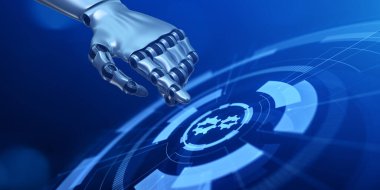 Bütünleşme veri sistemi teknoloji kavramı. Sanal düğmeye basılı robot el 3D görüntüleyici.