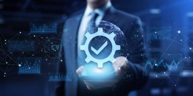 Sanal ekranda kalite kontrol simgeleri. Standartlaştırma Sertifikası Garanti Teknoloji Konsepti.