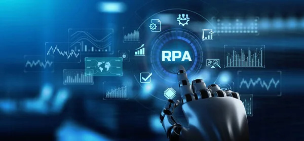 RPA Robotic process automation innovation technology concept. Robot premendo il pulsante virtuale. rendering 3d. — Foto Stock