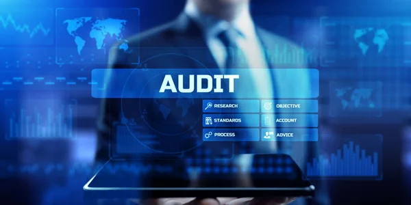 Cuenta de la organización de examen financiero de auditoría. Concepto de financiación empresarial en pantalla. —  Fotos de Stock