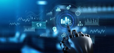 İş analitiği internet teknolojisi konsepti. Robotik kol 3d oluşturma.