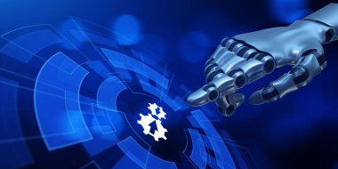 Bütünleşme veri sistemi teknoloji kavramı. Sanal düğmeye basılı robot el 3D görüntüleyici.