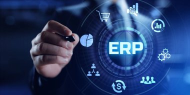 ERP işletme kaynak planlaması iş dünyası internet teknolojisi kavramı.