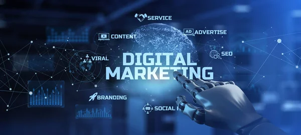 DIgital marketing Online adverteren internet technologie concept. Robotarm 3d weergave. — Stockfoto