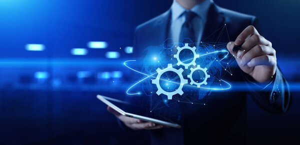 Значок передач на экране. Концепция автоматизации бизнес и промышленных процессов RPA Technology.