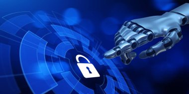 Siber Güvenlik Veri Koruma Bilgi Gizliliği kavramı. Robot el 3D görüntüleme düğmesine bas.