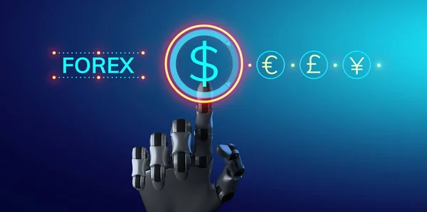 Forex stock trading robot, finanse i automatyzacja procesów technologicznych koncepcja. Robotyczne ramię 3d renderowania. — Zdjęcie stockowe