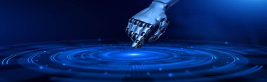 Dijital ekrana baskı yapan bir robotun eli. 3 Boyutlu resimleme