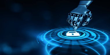 Siber Güvenlik Veri Koruma Bilgi Gizliliği kavramı. Robot el 3D görüntüleme düğmesine bas.