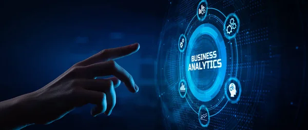 Business Analytics BI Intelligence Konzept. Handdrücken auf virtuellem Bildschirm. lizenzfreie Stockbilder