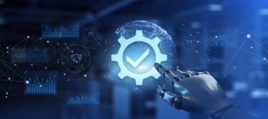 Kalite kontrol güvenlik standartları izo iş teknolojisi konsepti. Robotik kol 3d oluşturma.