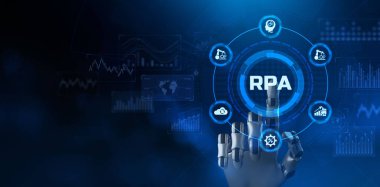 RPA Robotik İşlem Otomasyon Teknolojisi Konsepti. Robot sanal düğmeye basıyor. 3d oluşturma.