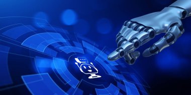 Chatbot sohbet robotu müşteri hizmetleri otomasyonu. Robotik el 3D görüntüleme düğmesine bas.