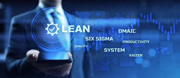 Lean κατασκευή DMAIC, Έξι σύστημα sigma. Έννοια βελτιστοποίησης επιχειρηματικών και βιομηχανικών διεργασιών σε εικονική διεπαφή. — Φωτογραφία Αρχείου