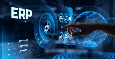 ERP Enterprise Resources planlama yazılımı sistemi iş süreci otomasyon konsepti. Ekrandaki el düğmesine bas.