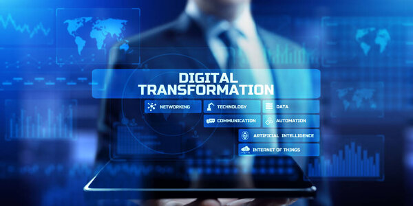 Нарушение цифровой трансформации Современные инновационные технологии и бизнес-концепция на виртуальном экране.