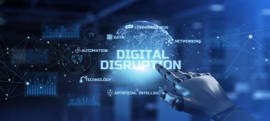 Dijital Bozukluk İş Dönüşüm Teknolojisi Konsepti. Robotik kol 3B Hazırlama.