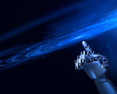 Dijital ekrana baskı yapan bir robotun eli. 3 Boyutlu resimleme