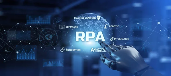 RPA Robotic process automation innovation technology concept. Robot mano premendo il pulsante sullo schermo rendering 3d. — Foto Stock