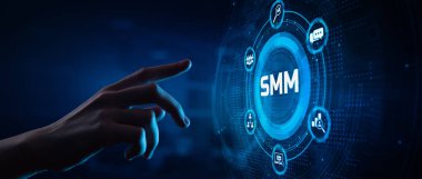 SMM Sosyal medya pazarlama İnternet çevrimiçi reklamcılığı. Ekrandaki el düğmesine bas.