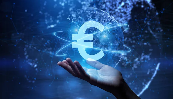 Euro-Zeichen auf virtuellem Bildschirm. Online-Banking Währungen tauschen finanzielles Konzept. Stockfoto