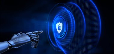 Siber güvenlik bilgi gizlilik veri koruması. Robotik el 3D görüntüleme düğmesine bas.