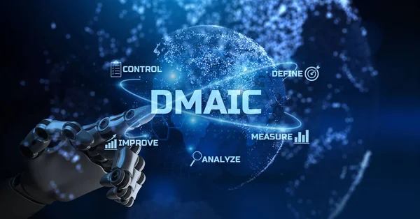 DMAIC Lean tillverkar sex Sigma Business-teknologikoncept. Robotic arm 3d rendering. — Stockfoto