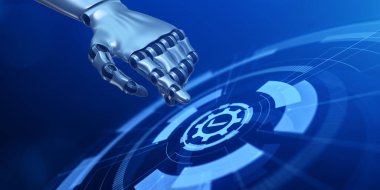 Kalite kontrolü. Standartlar garanti veriyor. Ekran 3 boyutlu görüntülemedeki robotik el düğmesine bas.