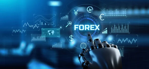 Forex stock trading robot, finance and technology process automation concept. Robotic arm 3d rendering. — Stock Photo, Image
