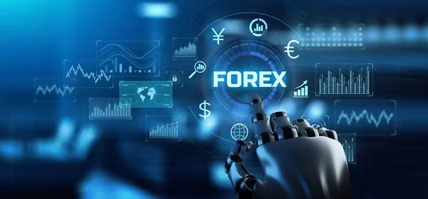 Forex saham robot perdagangan, keuangan dan teknologi proses otomatisasi konsep. Rendering 3d lengan robotik. — Stok Foto