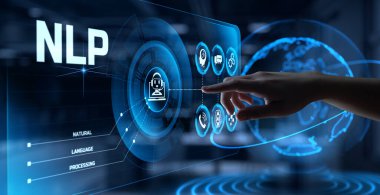 NLP Doğal Dil İşleme Nöral Ağ Konsepti. Ekrandaki el düğmesine bas