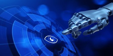 Makine görüşü yapay zeka konsepti. Robot el 3D görüntüleme düğmesine bas.