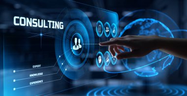 Danışmanlık işi konsepti. Ekrandaki el düğmesine bas.