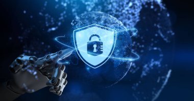 Kilit simgesi. Siber güvenlik bilgi gizliliği veri koruma antivirüsü. Robotik kol 3d oluşturma.