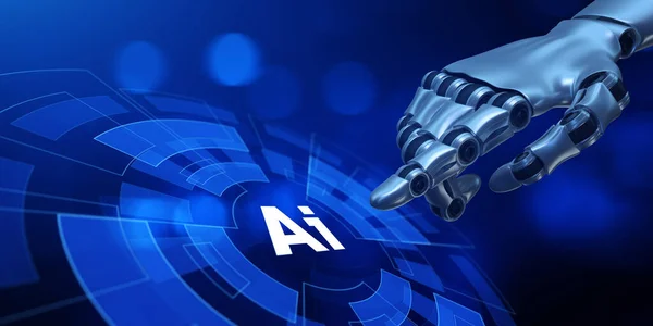 AI machine deep learning neural network cyber brain modern technology concept. Robotic hand pressing button 3d render