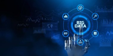 Büyük veri analizi yenilik bilgi teknolojisi kavramı. Robotik kol 3d oluşturma.