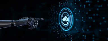 Bulut teknolojisi kavramı. Veri depolama hesaplanıyor. Yazılım altyapısı. Robotik el 3D görüntüleme düğmesine bas